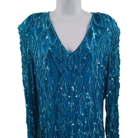 Vintage Aqua Blue Beaded/Sequin Dress with Long Sleeves & Ruffle Hemline | Circa - Picture 2 of 5